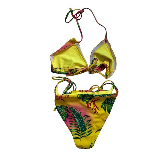 Sexy Yellow‎ Pink Tropical Print Bikini Swimwear Large Eighties Y2K Miami Beach - Picture 4 of 4